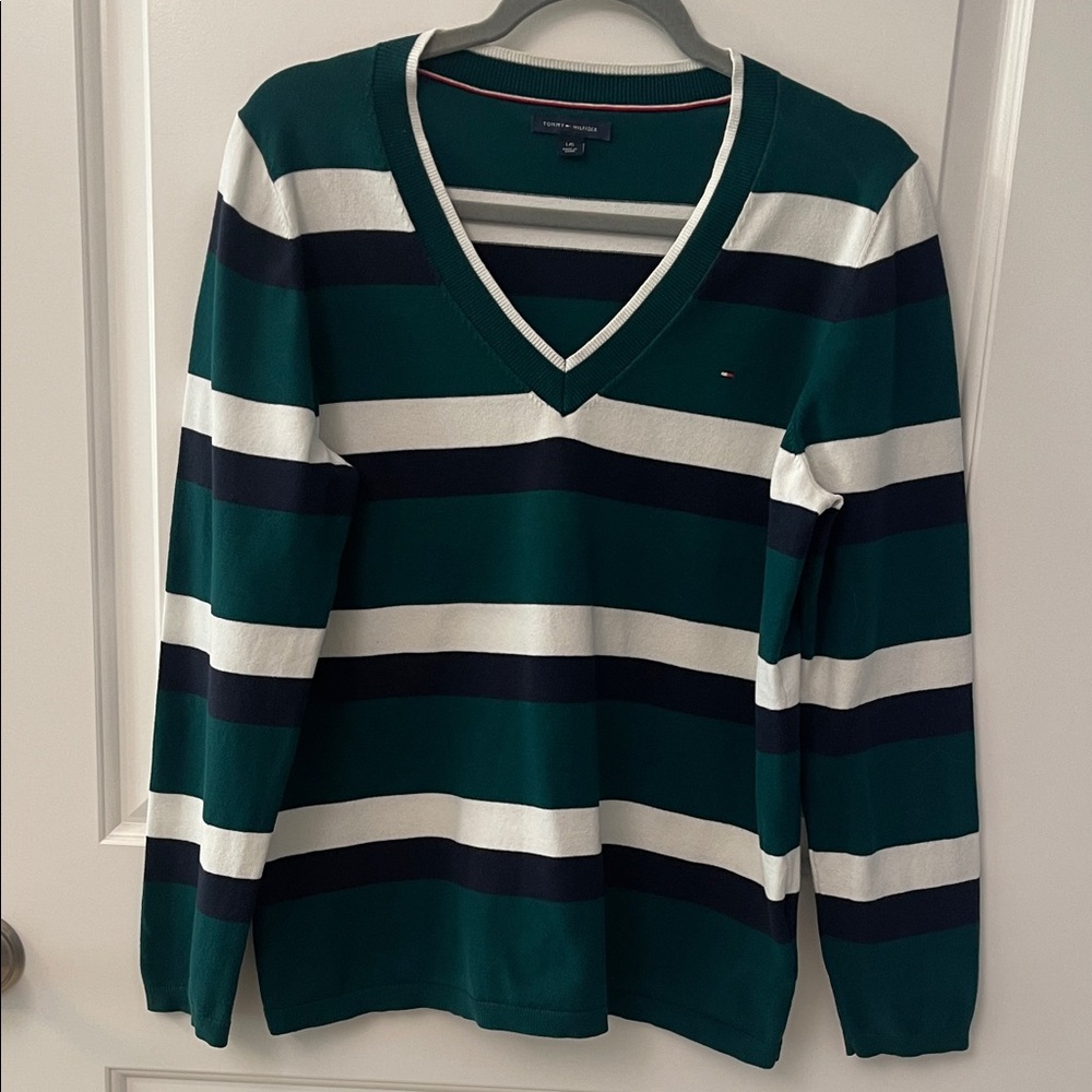 Tommy Hilfiger Dark Green, Navy & White Striped V-Neck Pullover